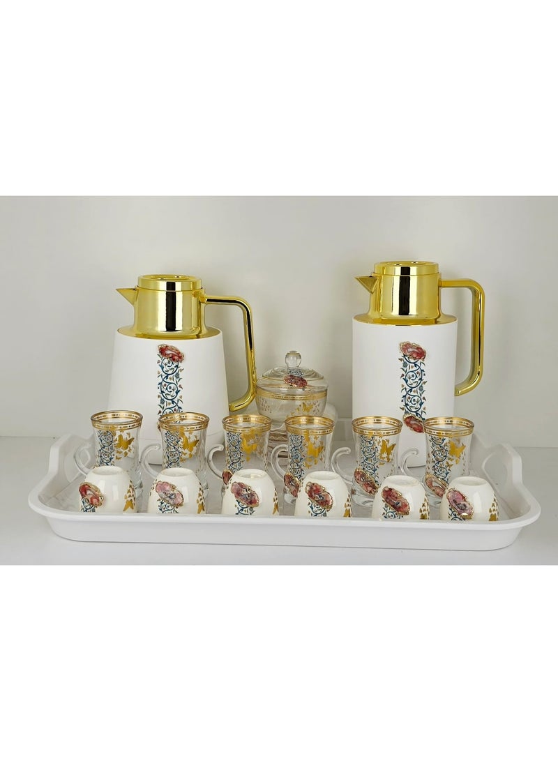 Damanhoor 22Pieces 2Pc Thermose 6Tea Cups With 6soucers 6Cawa Cup 1Tray 1Sugar Bowl For Home Gift - Image 2